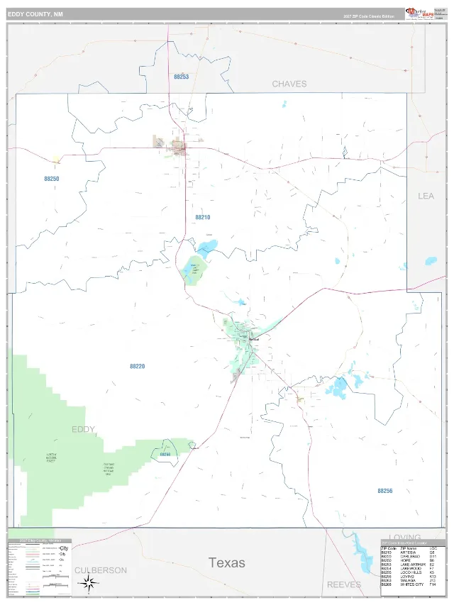 Eddy County, NM ZIP Code Wall Map, Classic style