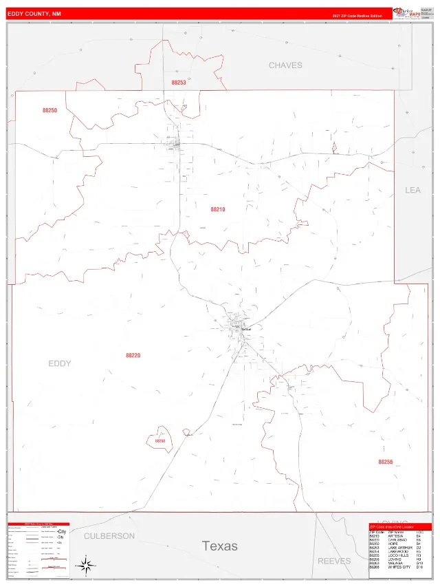 Eddy County, NM ZIP Code Wall Map, RedLine style