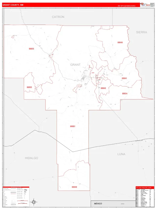 Grant County, NM ZIP Code Wall Map, RedLine style