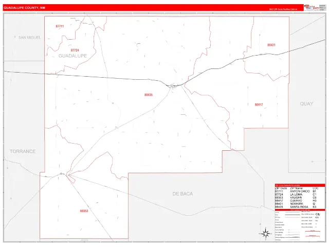 Guadalupe County, NM ZIP Code Wall Map, RedLine style