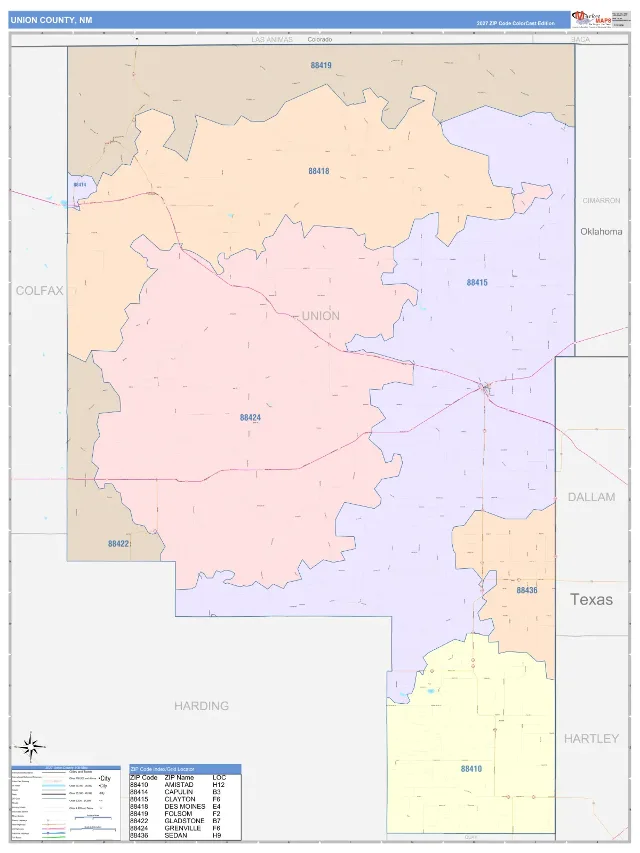 Union County, NM ZIP Code Wall Map, ColorCast style