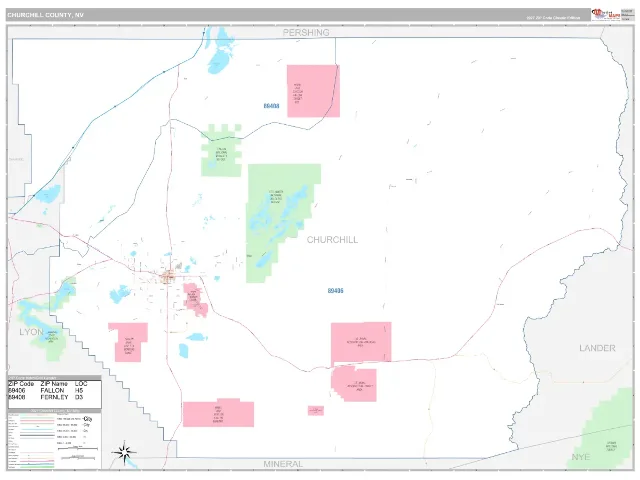 Churchill County, NV ZIP Code Wall Map, Classic style