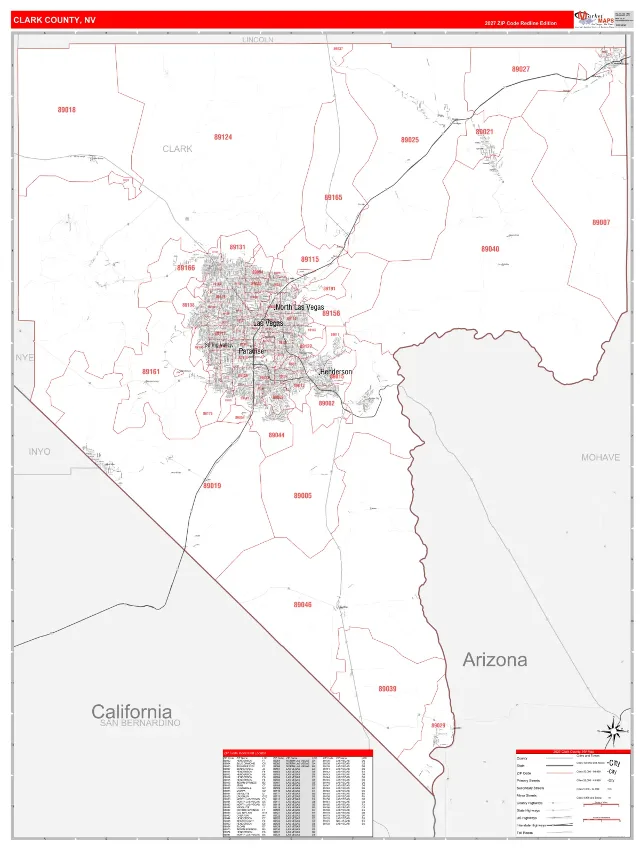 Clark County, NV ZIP Code Wall Map, RedLine style