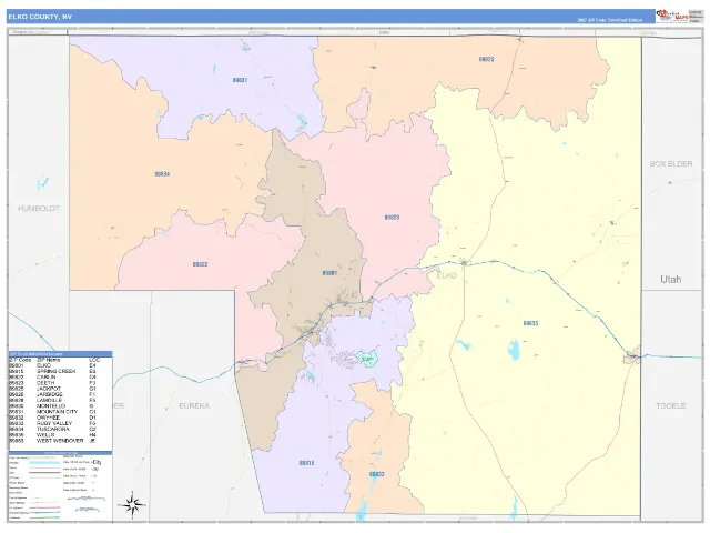 Elko County, NV ZIP Code Wall Map, ColorCast style