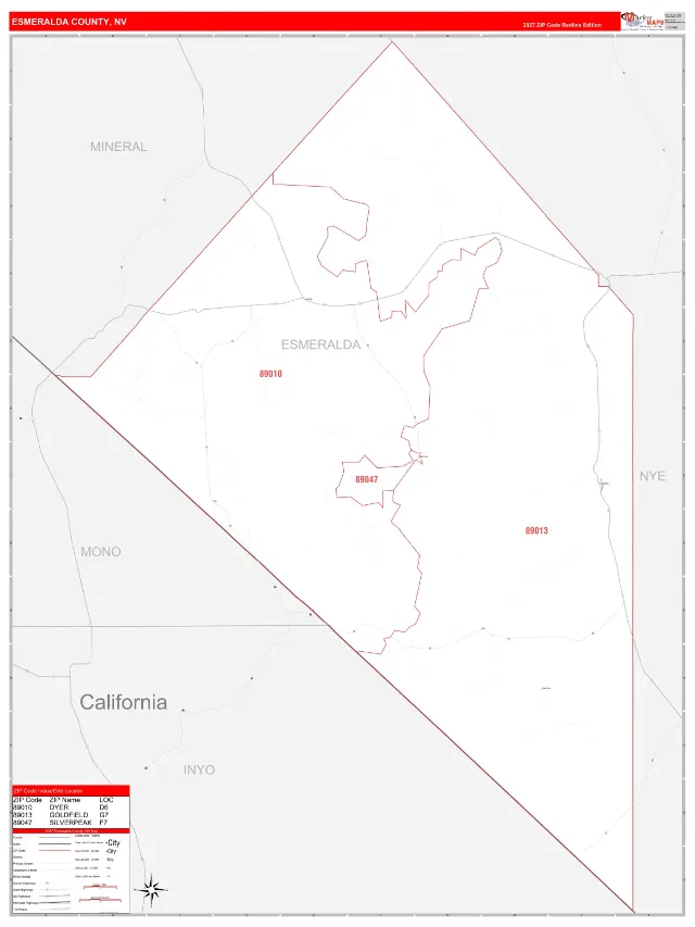 Esmeralda County, NV ZIP Code Wall Map, RedLine style
