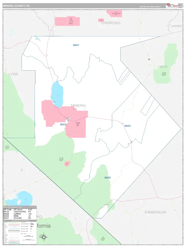Mineral County, NV ZIP Code Wall Map, Classic style