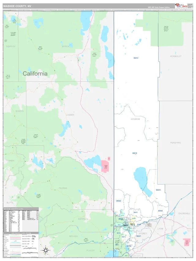 Washoe County, NV ZIP Code Wall Map, Classic style