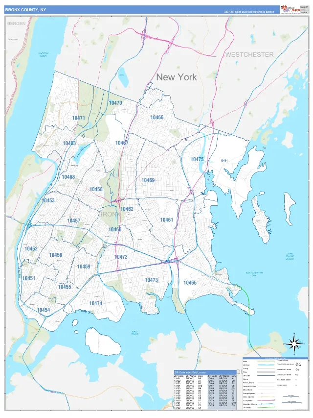 Bronx County, NY ZIP Code Wall Map, Business Reference style