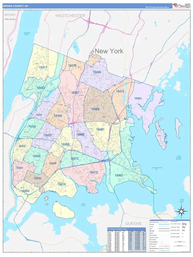 Bronx County, NY ZIP Code Wall Map, ColorCast style