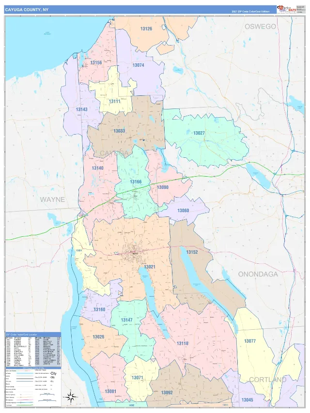 Cayuga County, NY ZIP Code Wall Map, ColorCast style