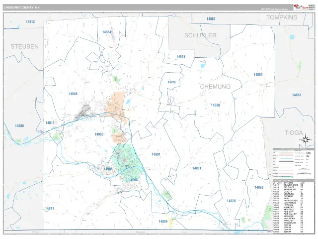 Chemung County, NY ZIP Code Wall Map, Classic style