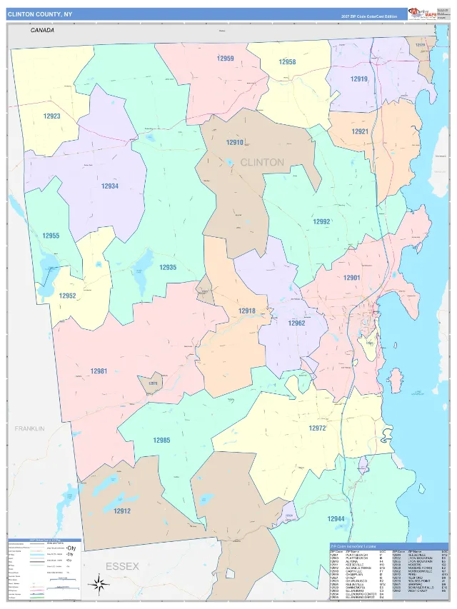 Clinton County, NY ZIP Code Wall Map, ColorCast style
