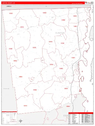 Clinton County, NY RedLine style ZIP Code wall map