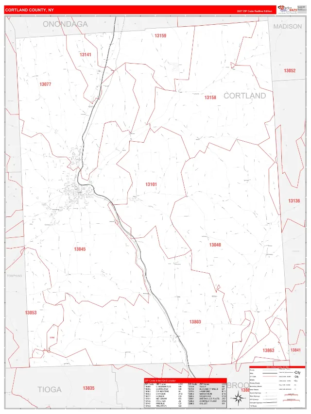 Cortland County, NY ZIP Code Wall Map, RedLine style