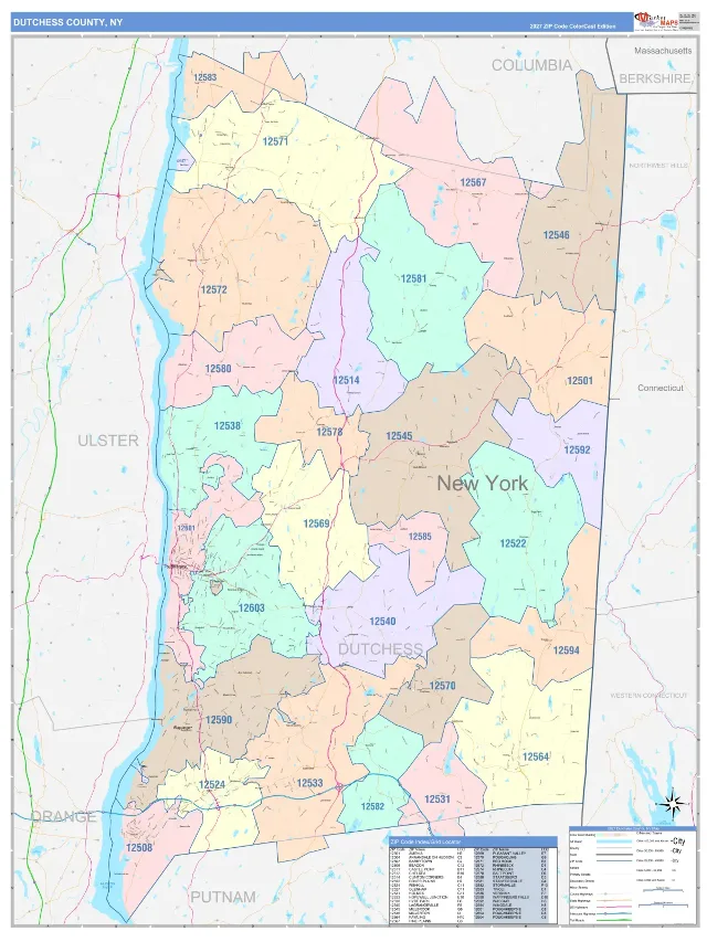 Dutchess County, NY ZIP Code Wall Map, ColorCast style