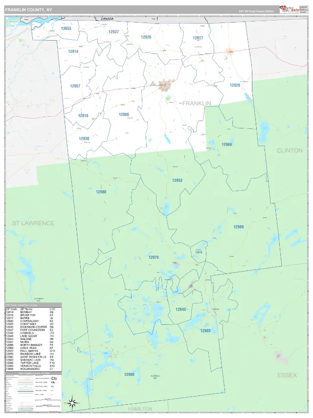 Franklin County, NY ZIP Code Wall Map, Classic style