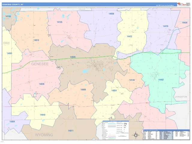 Genesee County, NY ZIP Code Wall Map, ColorCast style