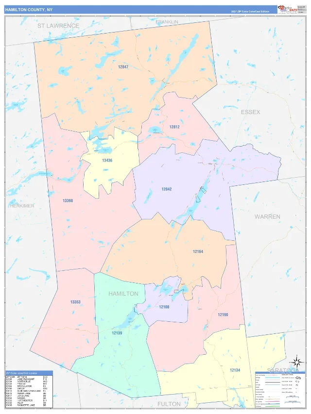 Hamilton County, NY ZIP Code Wall Map, ColorCast style