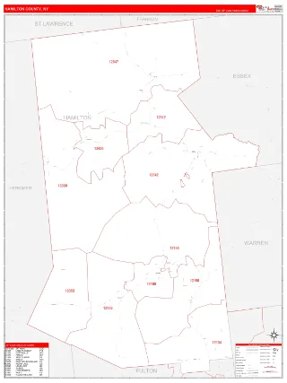 Hamilton County, NY RedLine style ZIP Code wall map
