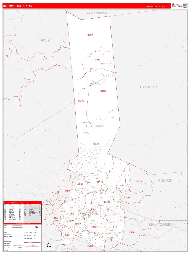 Herkimer County, NY ZIP Code Wall Map, RedLine style