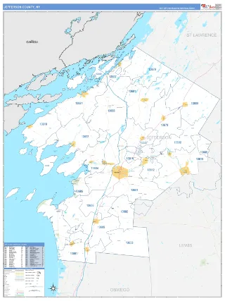 Jefferson County, NY Business Reference style ZIP Code wall map