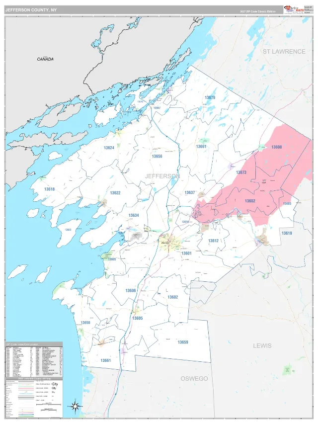 Jefferson County, NY ZIP Code Wall Map, Classic style