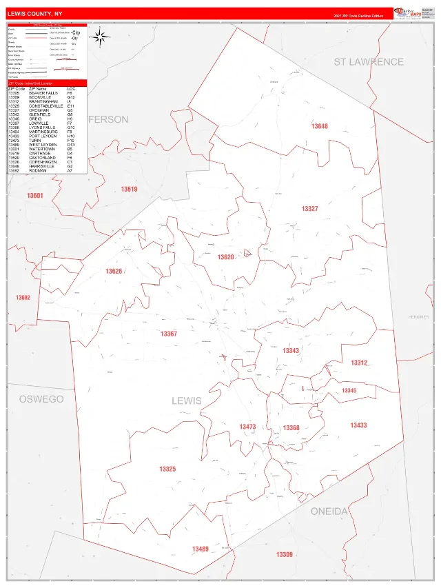Lewis County, NY ZIP Code Wall Map, RedLine style