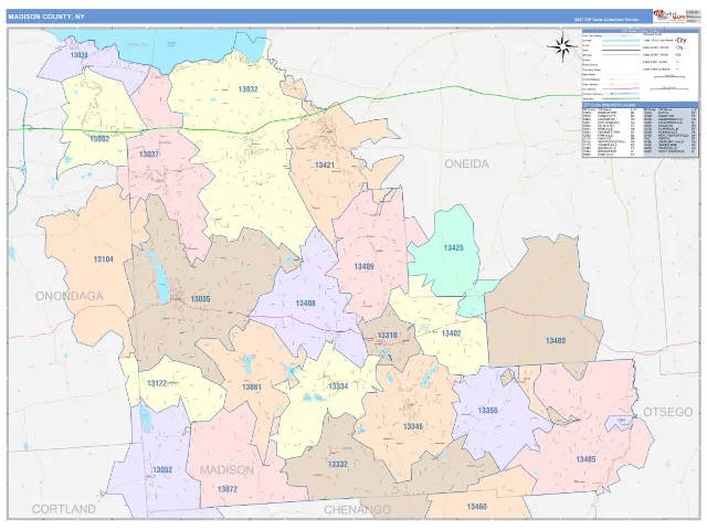 Madison County, NY ZIP Code Wall Map, ColorCast style