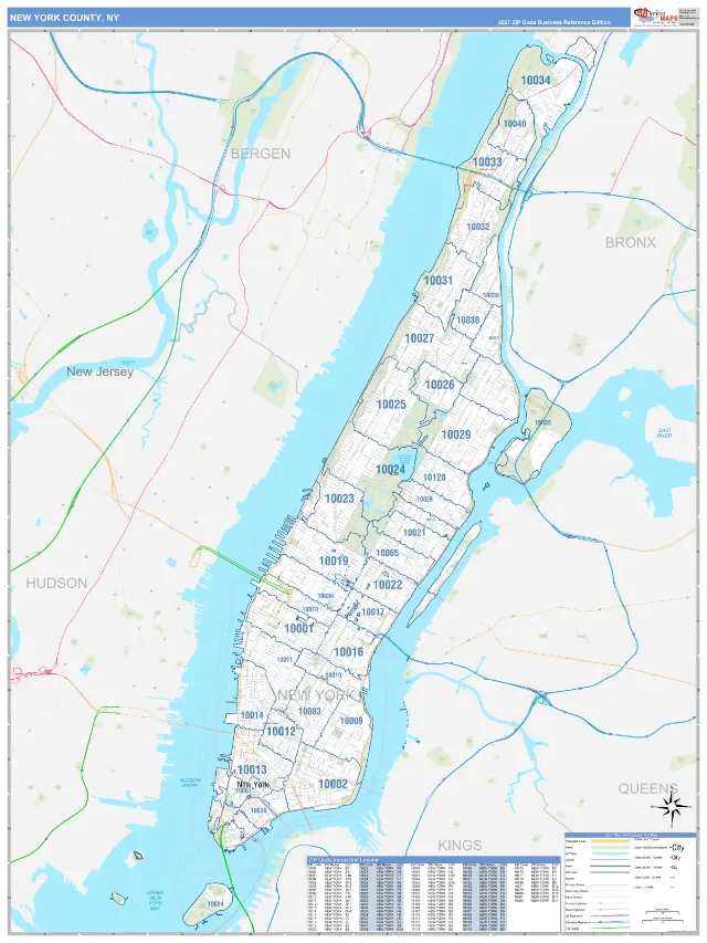 New York County, NY ZIP Code Wall Map, Business Reference style