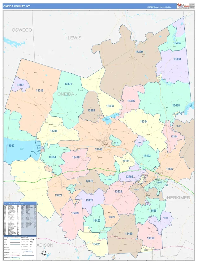 Oneida County, NY ZIP Code Wall Map, ColorCast style