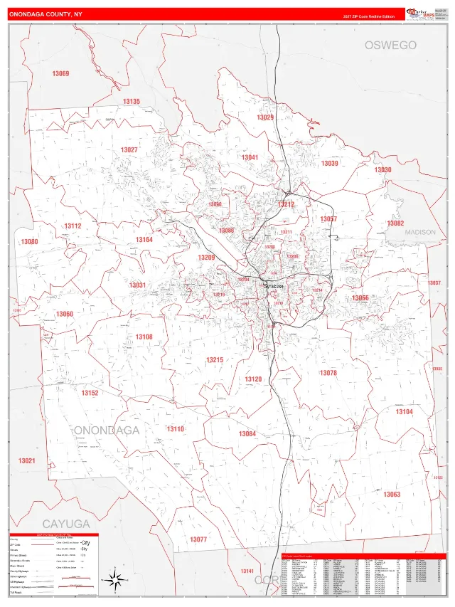 Onondaga County, NY ZIP Code Wall Map, RedLine style
