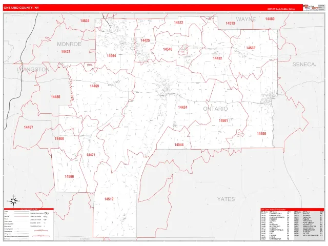 Ontario County, NY ZIP Code Wall Map, RedLine style