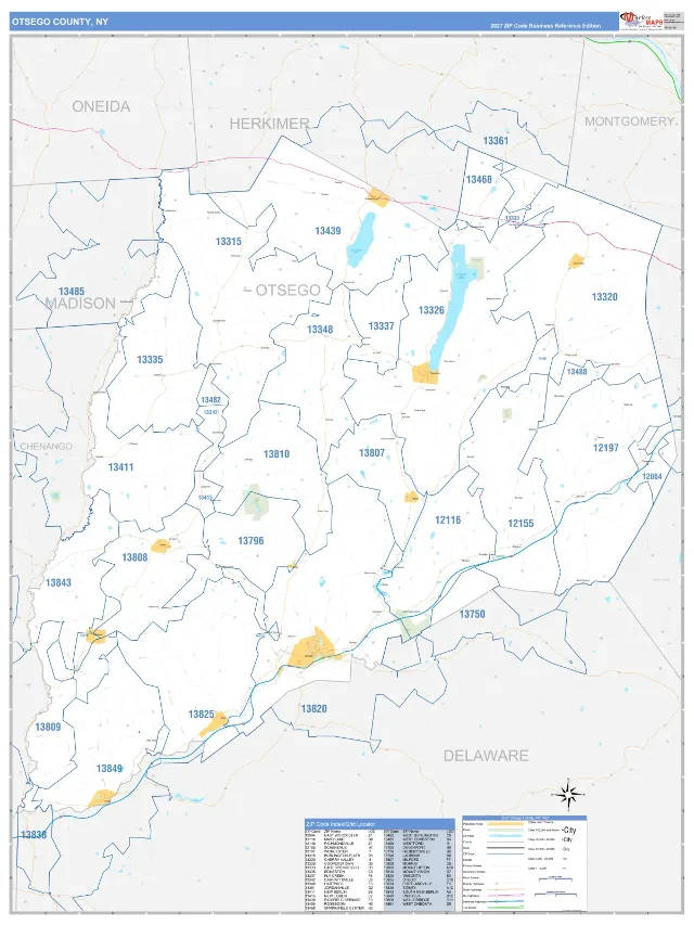 Otsego County, NY ZIP Code Wall Map, Business Reference style