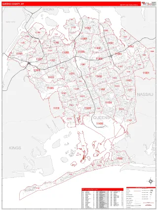 Queens County, NY RedLine style ZIP Code wall map