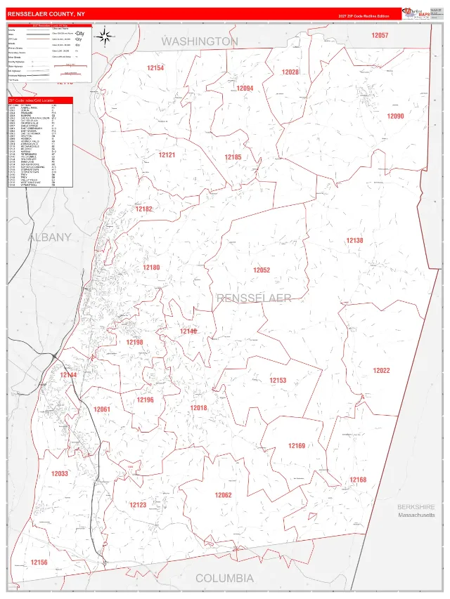 Rensselaer County, NY ZIP Code Wall Map, RedLine style