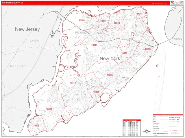 Richmond County, NY ZIP Code Wall Map, RedLine style
