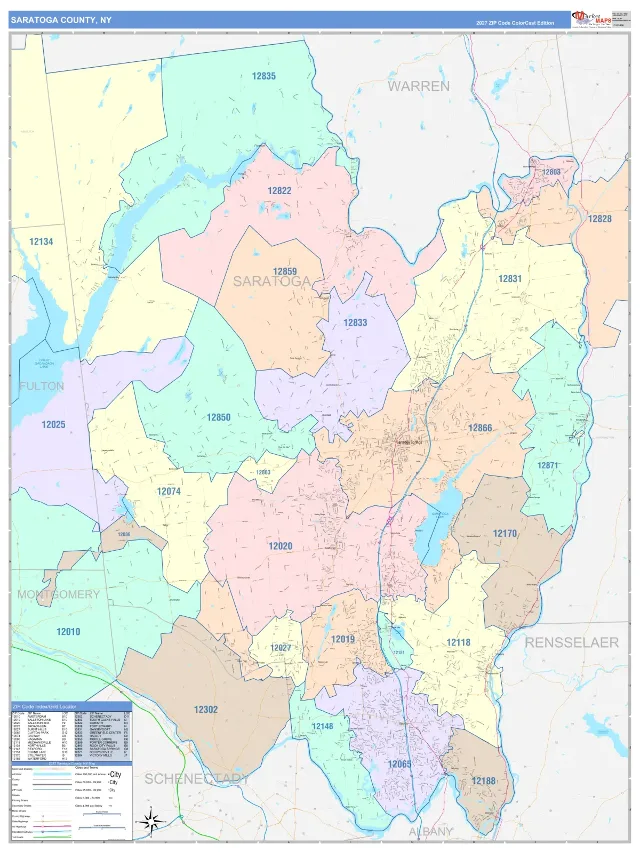 Saratoga County, NY ZIP Code Wall Map, ColorCast style