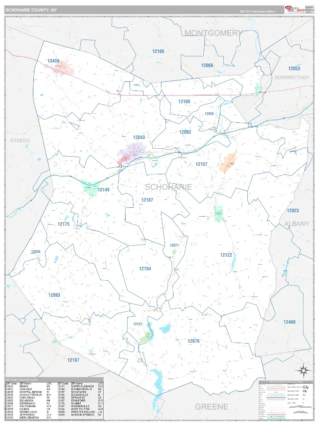Schoharie County, NY ZIP Code Wall Map, Classic style