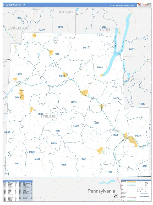 Steuben County, NY ZIP Code Wall Map, Business Reference style