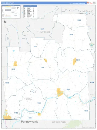 Tioga County, NY Business Reference style ZIP Code wall map