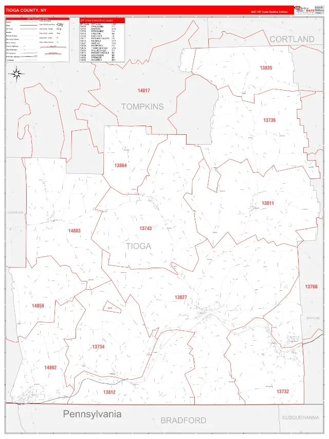 Tioga County, NY ZIP Code Wall Map, RedLine style