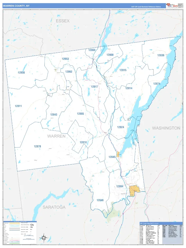 Warren County, NY ZIP Code Wall Map, Business Reference style