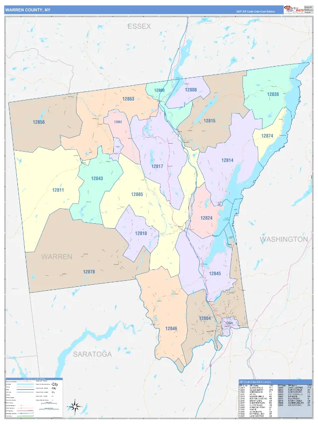 Warren County, NY ZIP Code Wall Map, ColorCast style