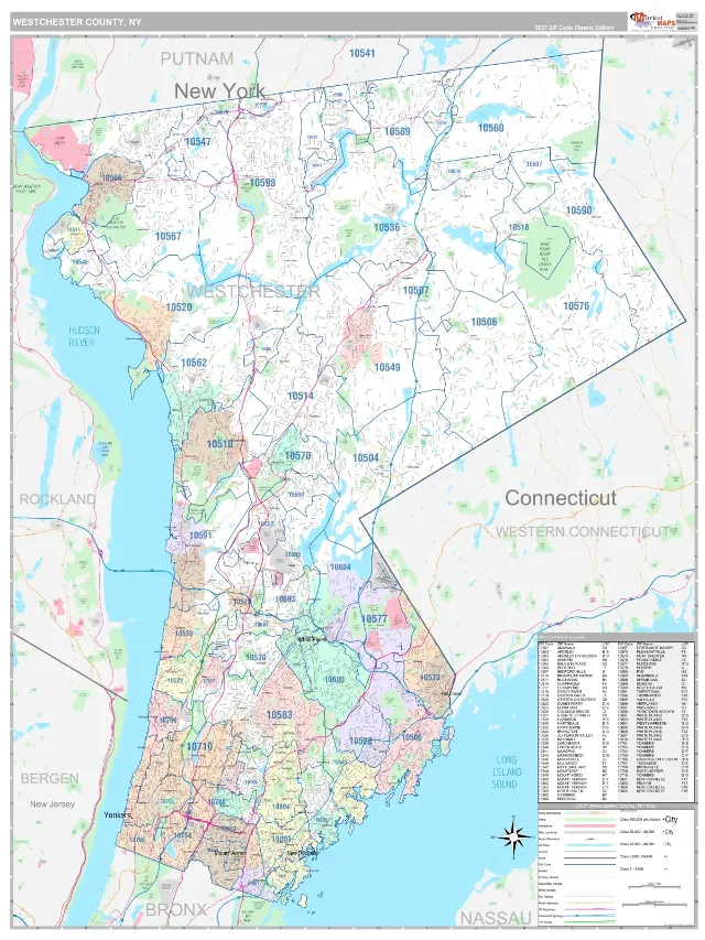 Westchester County, NY ZIP Code Wall Map, Classic style