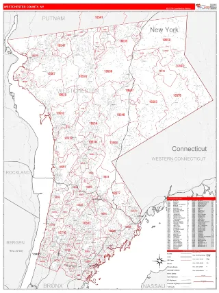 Westchester County, NY RedLine style ZIP Code wall map