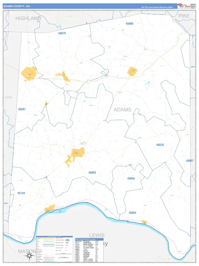 Adams County, OH ZIP Code Wall Map, Business Reference style