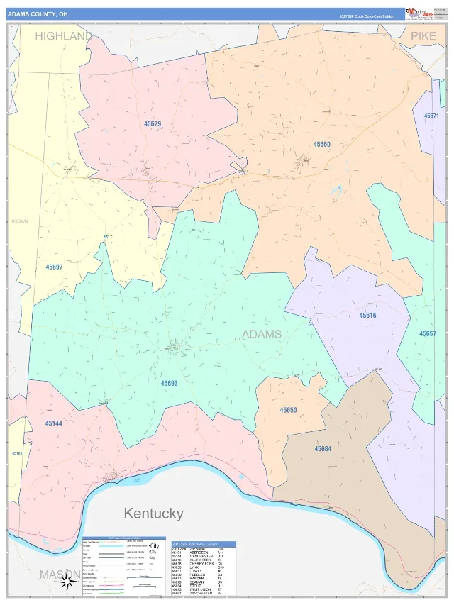 Adams County, OH ZIP Code Wall Map, ColorCast style
