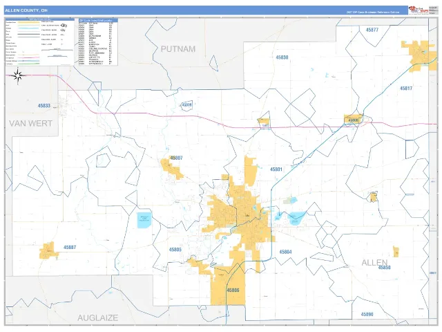 Allen County, OH ZIP Code Wall Map, Business Reference style