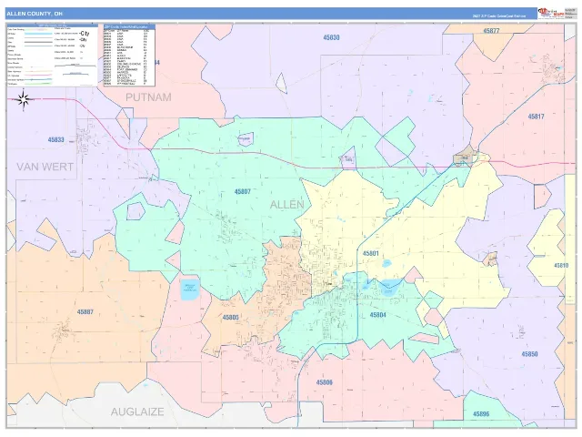 Allen County, OH ZIP Code Wall Map, ColorCast style