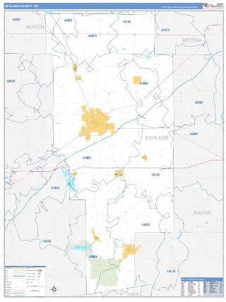 Ashland County, OH Business Reference style ZIP Code wall map